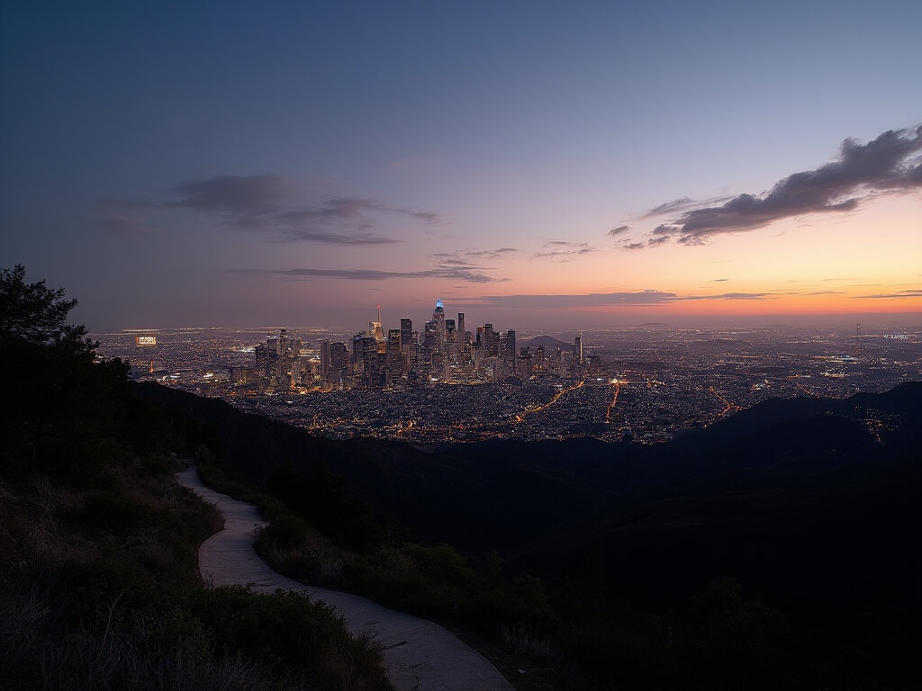 Nighttime view of Los Angeles skyline with Hollywood Sign, hiking trails, and sunset glow from Griffith Observatory