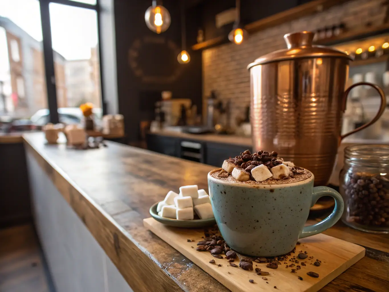 Rustic coffee shop counter with luxurious hot chocolate topped with marshmallows and dark chocolate shavings in an artisanal mug, copper brewing equipment in the background, soft window light filtering through