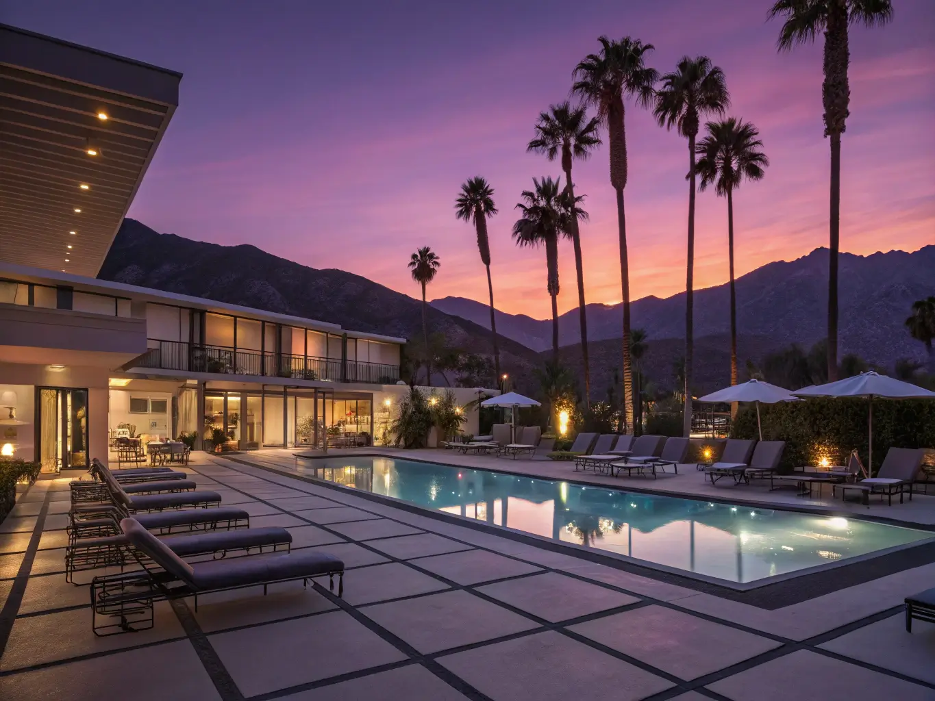 Dusk view of a luxurious mid-century modern hotel pool with underwater lighting, sleek furniture, geometric patterns, silhouetted palm trees against purple-orange sky, and mountains in the background