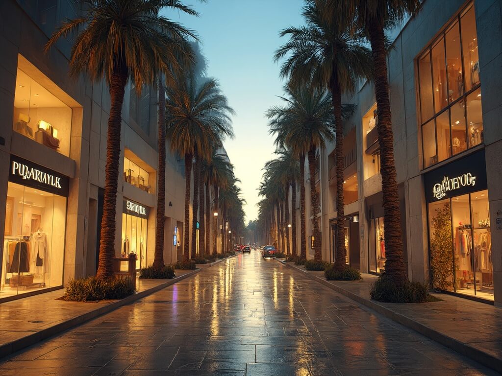 Luxury shopping street at dusk with palm trees, warm golden hour lighting reflecting off boutique windows, wet pavement from recent rain, elegant displays of high-fashion clothing, and classic architecture with modern elements