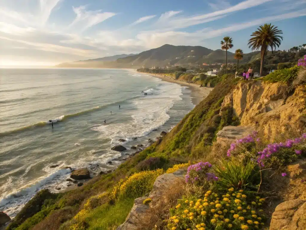 "Panoramic view of Malibu coastline with Point Dume and Santa Monica Mountains, surfers in the sea, wildflowers on cliffs, and a hiking trail, under golden sunlight with scattered clouds."