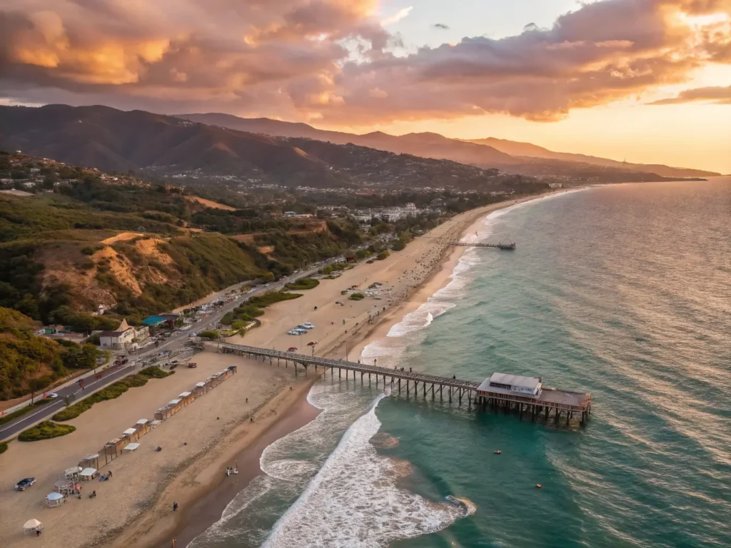 "Aerial view of Malibu coastline at sunset with Malibu Pier, surfers, beach umbrellas, Santa Monica Mountains, vineyards, and Pacific Coast Highway during peak summer."