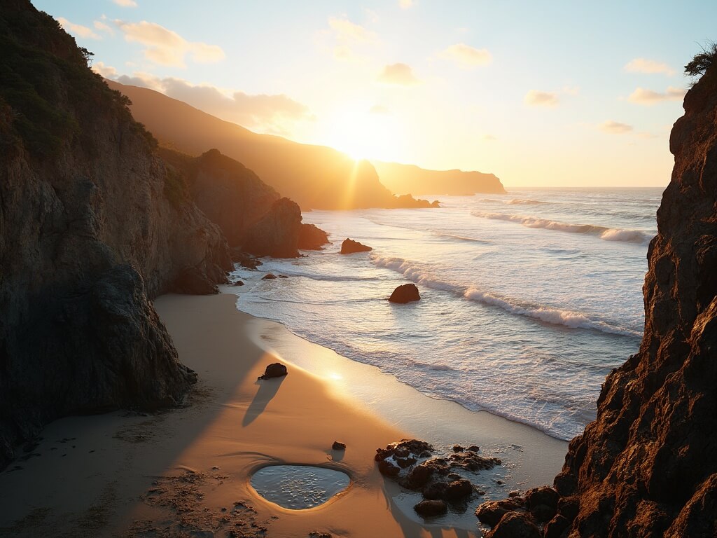 Secluded Malibu cove during golden hour with sandy beach, rolling waves, rocky cliffs, tide pools, and curving coastline bathed in warm light