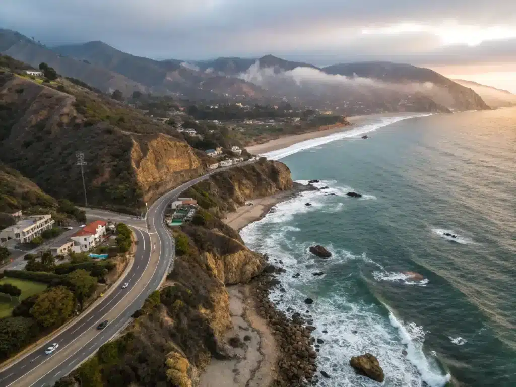 "Aerial view of Malibu coastline with Pacific Coast Highway, crashing waves, migrating gray whales, misty Santa Monica Mountains, and beachfront properties under the sunrise glow in a winter morning"