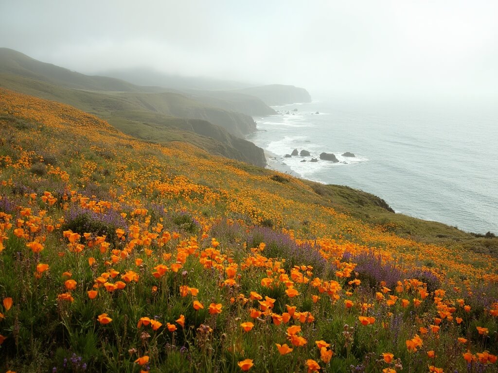 Breathtaking panoramic view of Marin Headlands wildflower meadow with blooming California poppies and lupines, against the dramatic ocean coastline under misty morning light