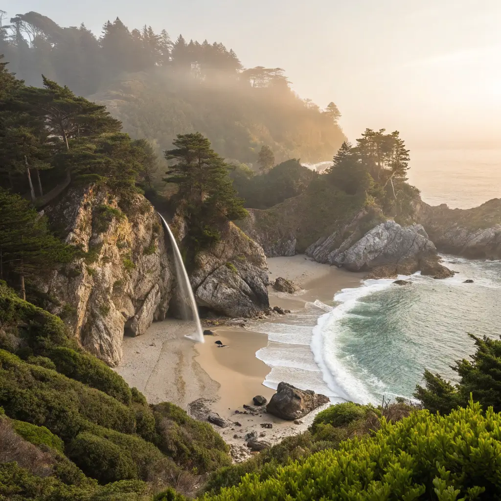Sunrise over McWay Falls cascading onto secluded beach with lush vegetation and misty coastal atmosphere