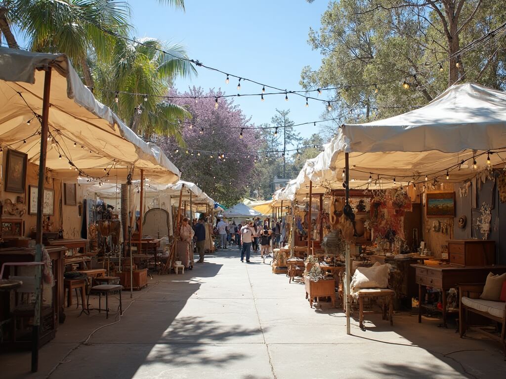 Vendors arranging vintage furniture and artisan goods at Melrose Trading Post under string lights and canvas awnings, with LA's blue sky and blooming jacaranda trees in the background