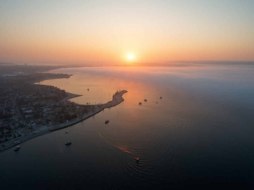 Aerial view of Mission Bay at sunset with advancing marine fog, boats returning to harbor, and contrast between clear inland skies and overcast waters.