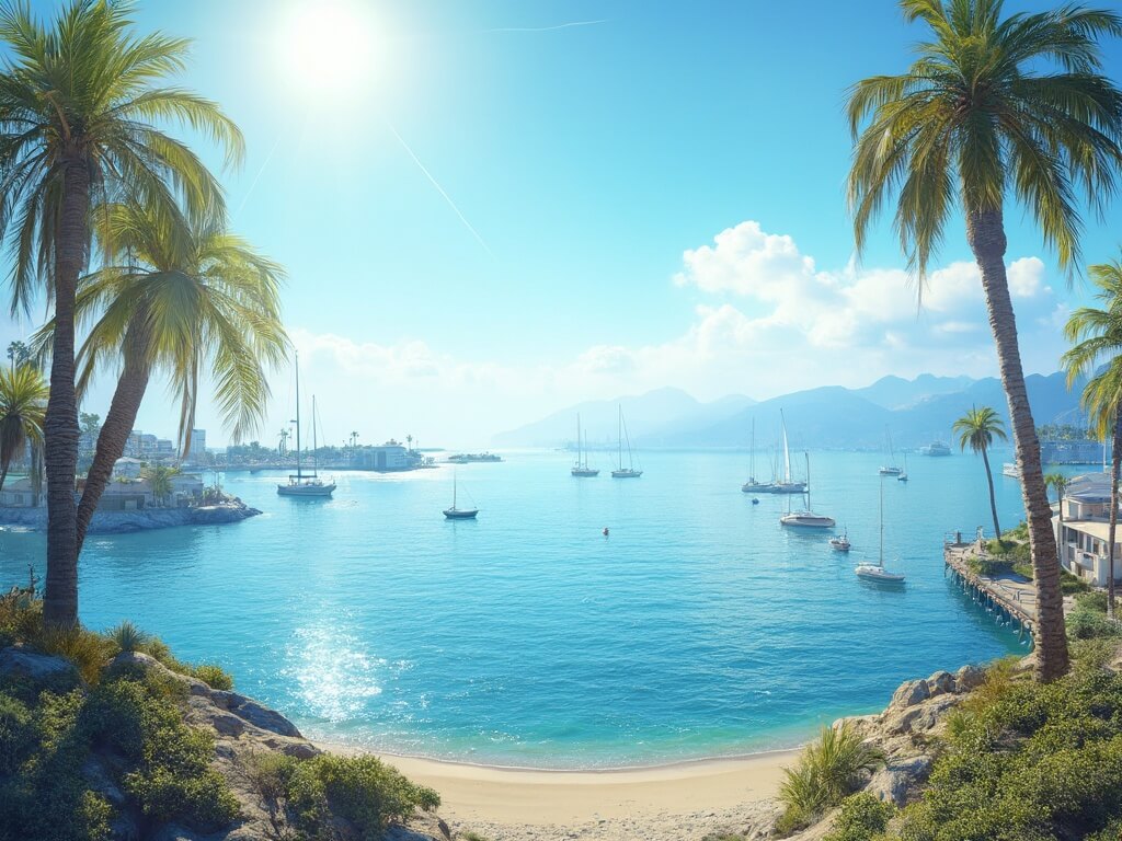 Sunny midday view of Mission Bay in January with calm waters, stationary palm trees, scattered sailboats, and distant mountains under clear winter sunshine