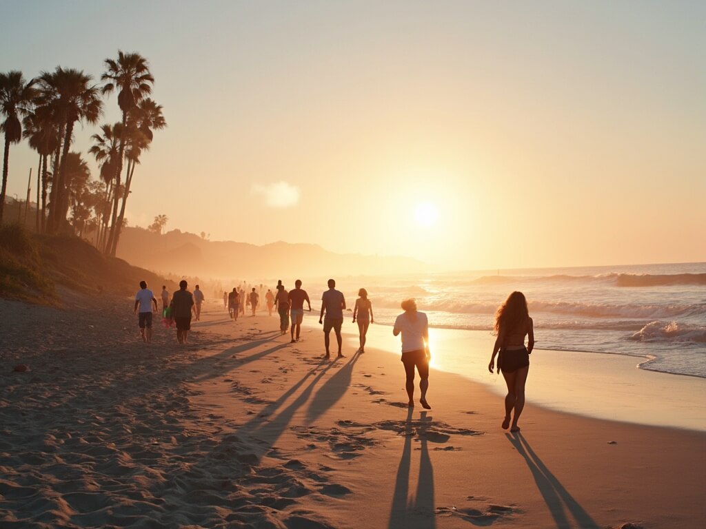 Golden hour at Mission Beach with people enjoying the beach in light layers