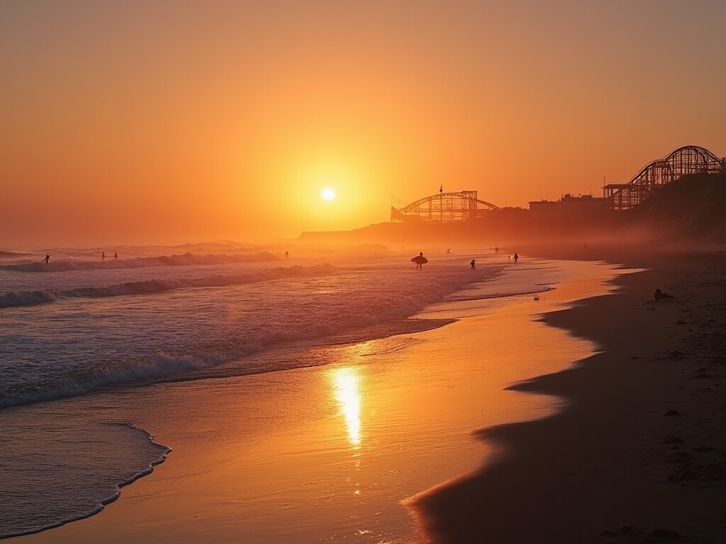 Surfers silhouetted against sunrise at Mission Beach, with gentle ocean ripples, empty beach stretches, and roller coaster in the background, taken at 6:11 AM