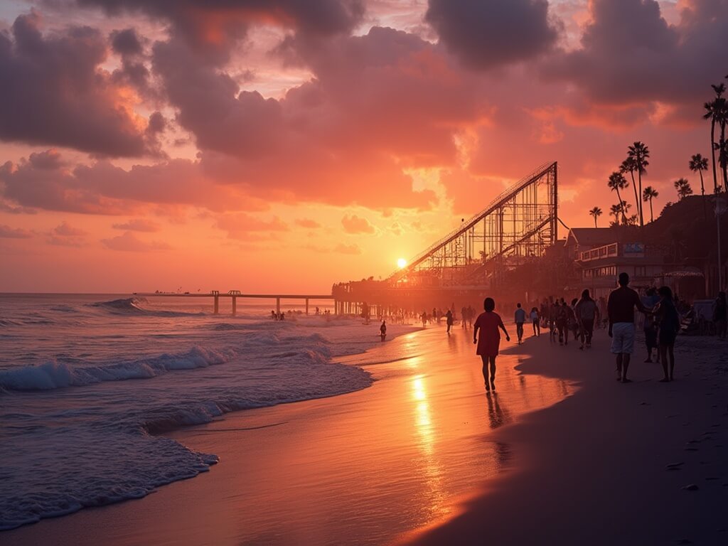 Beachgoers and families enjoying sunset at Mission Beach, with roller coaster silhouette, vibrant orange and purple sky, gentle waves, and palm trees on the boardwalk in a photorealistic style