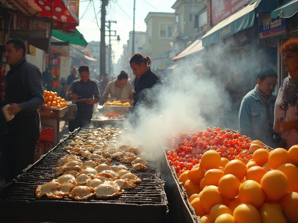 Colorful food stalls selling empanadas, fruits and vegetables at the Mission District during Carnaval, with lively local vendors and neighborhood's architecture in morning light.