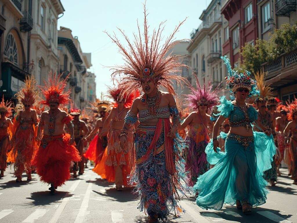 Carnaval dancers in colorful costumes mid-performance on a street in the Mission District, with San Francisco architecture in the background