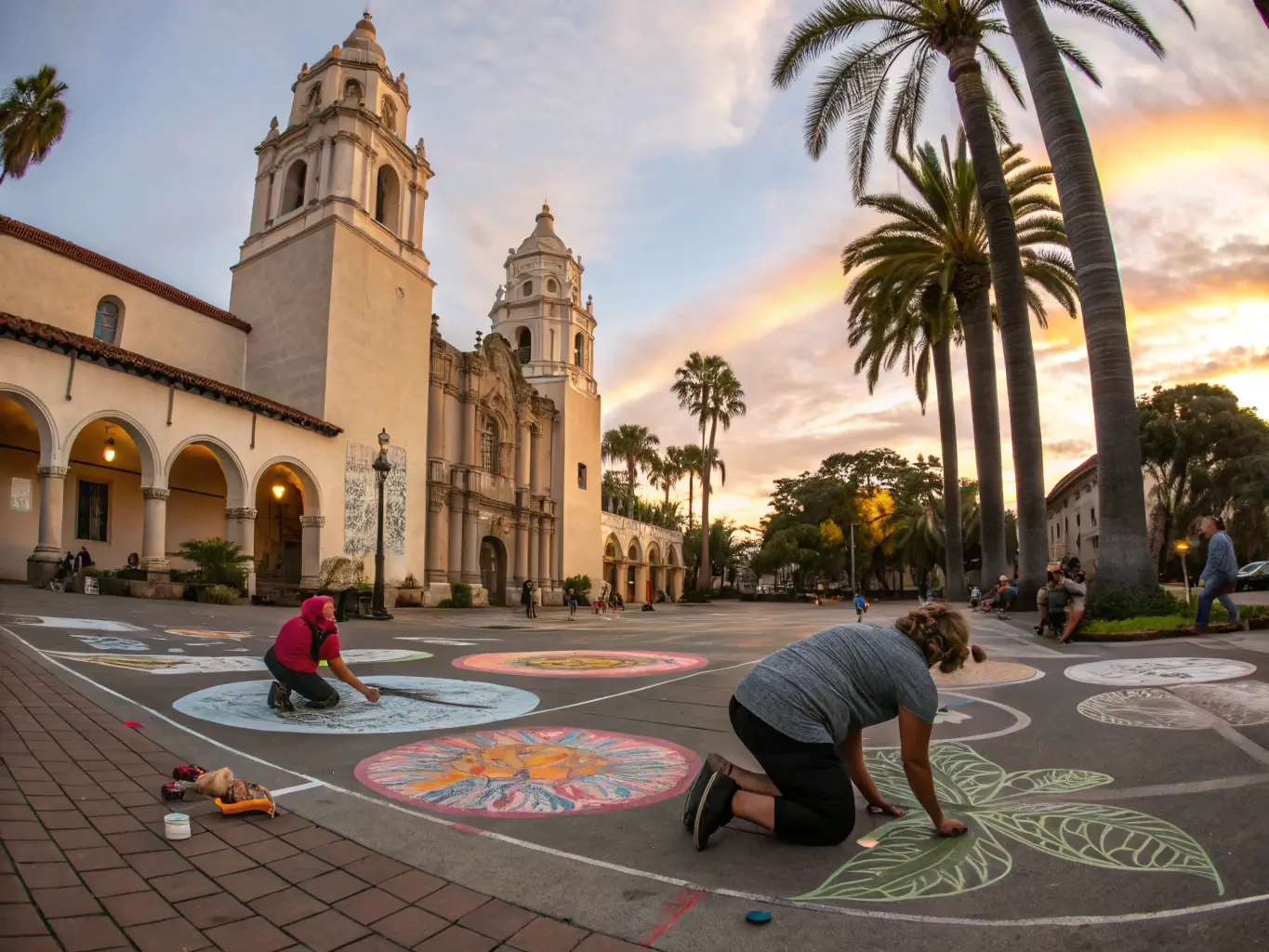 Artists creating vibrant chalk art on the ground of Mission Plaza, surrounded by Mediterranean architecture and palm trees during golden hour