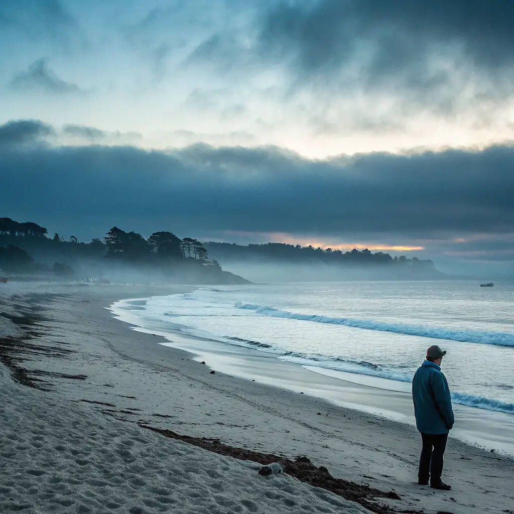 Lone figure standing on misty Carmel Beach at dawn, with fog over tranquil waters and dramatic gray-blue sky