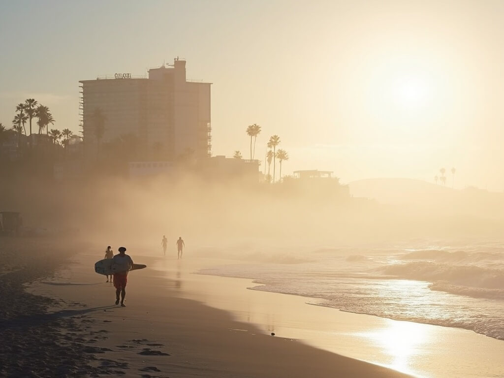 Misty morning at the coast with Hotel del Coronado in the background, palm trees, silhouettes of joggers and surfers, and gentle waves at the shore.