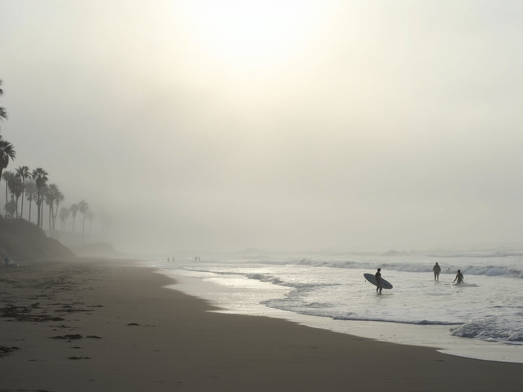 Early morning fog over Huntington Beach with silhouettes of palm trees and surfers