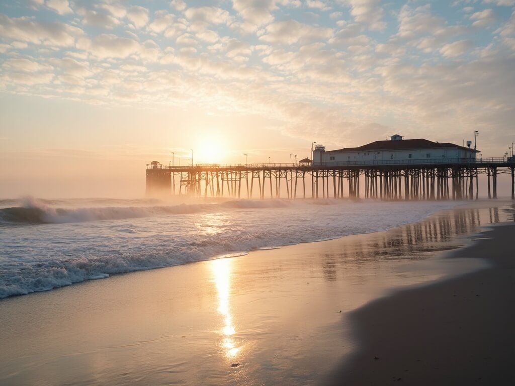 Sunrise at Huntington Beach pier in February with a marine layer creating mist, golden light piercing through thin clouds, and gentle waves under a pastel sky