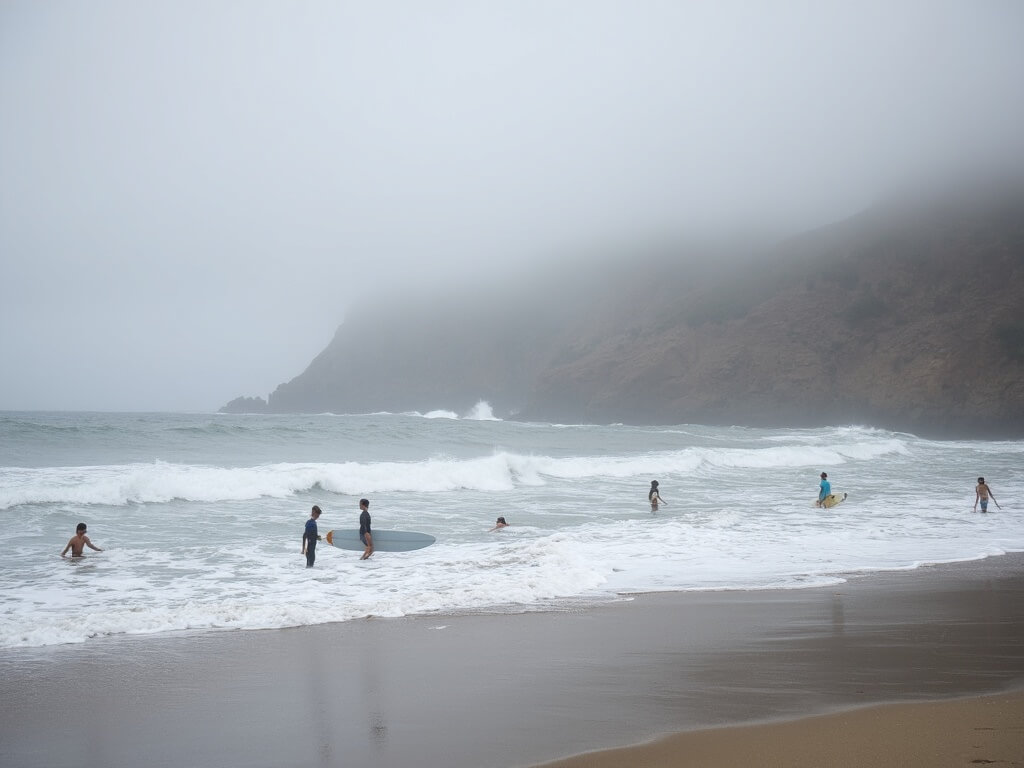 Early morning surfers at misty La Jolla Shores with low-lying clouds and distant cliffs fading into a foggy marine layer