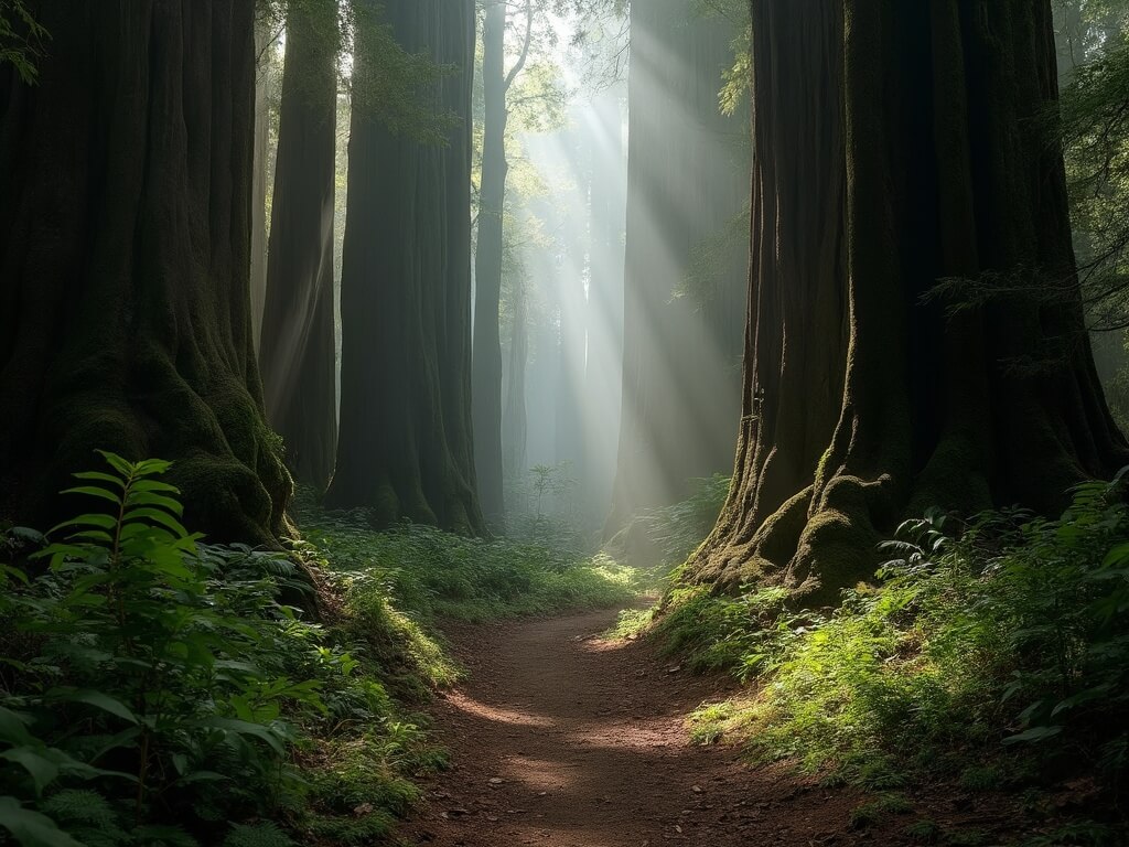 Misty morning in Muir Woods with sunlight piercing through giant ancient redwood trees illuminating a moss-covered forest floor and winding hiking trail