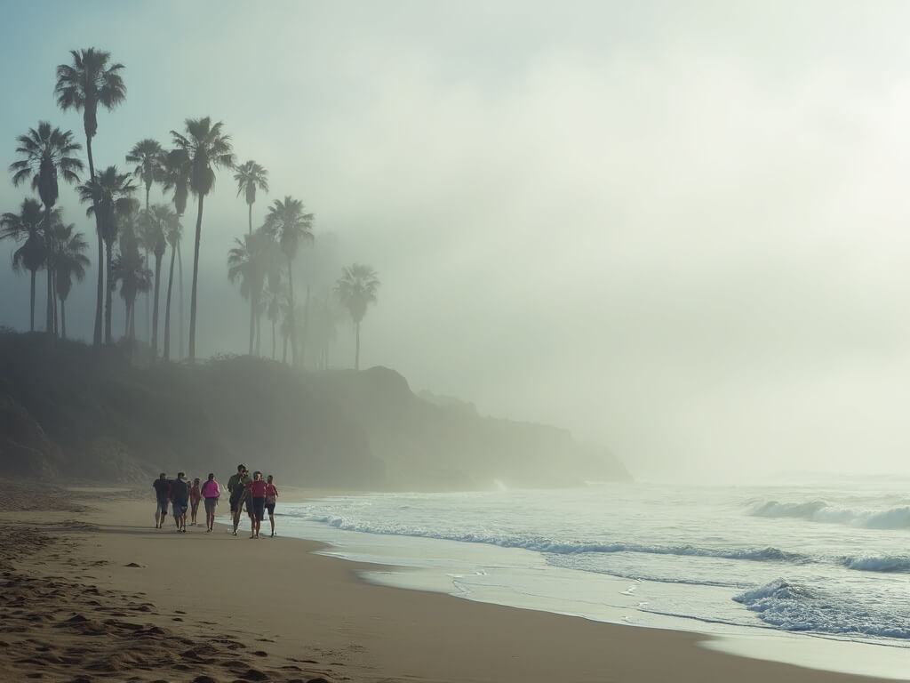 Misty morning on San Diego beach with waves, palm trees obscured by clouds and early joggers wearing light jackets, sunlight filtering through clouds