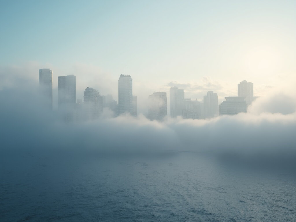 Early morning San Diego skyline shrouded in a misty marine layer with partially visible skyscrapers, in a dreamy atmosphere reflecting on calm harbor waters