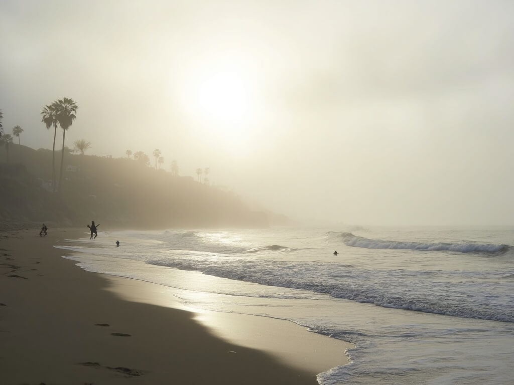 Misty morning at Santa Monica beach with palm trees in fog and silhouetted yoga practitioners on the shore