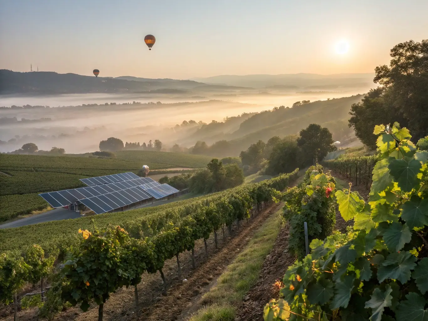 Misty sunrise over biodynamic vineyard with dew-covered grape leaves, solar panels in the background, and hot air balloons floating above foggy valley floor