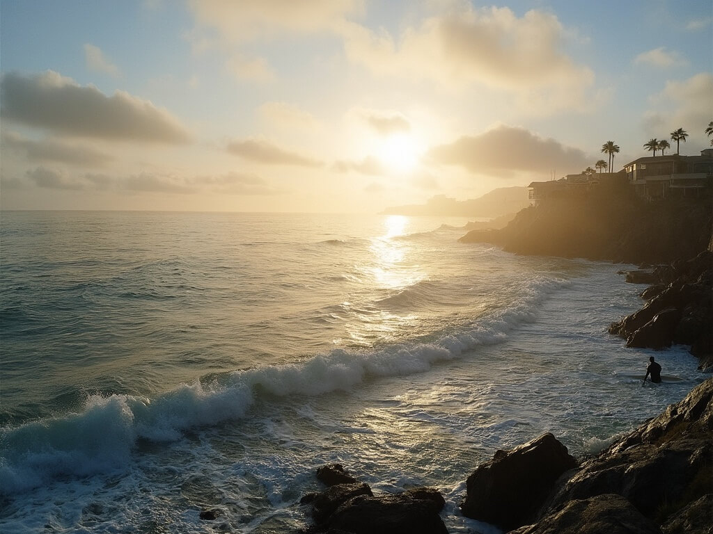 Early morning at La Jolla Cove with a lone surfer paddling out in golden sunrise mist