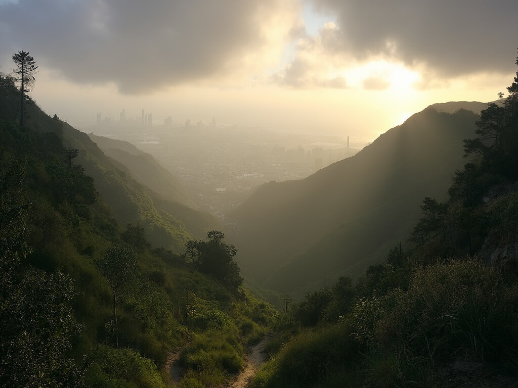 Misty morning view of Temescal Canyon Trail with wet green vegetation, downtown Los Angeles skyline, and Pacific Ocean in the distance, under golden sunlight breaking through dramatic clouds