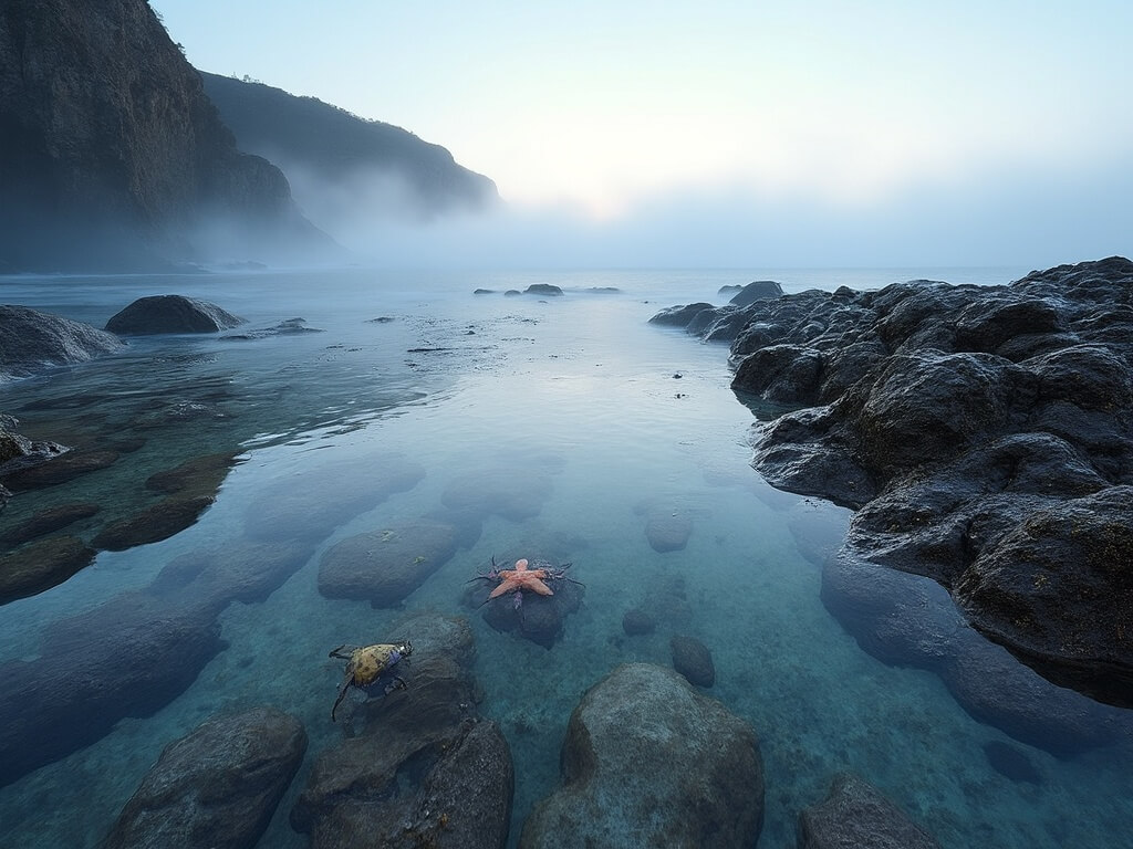 Misty dawn at a coastal tide pool area with visible starfish, sea anemones, hermit crabs, rock formations, long shadows on wet stones, fog over water, and dramatic cliffs in the background.