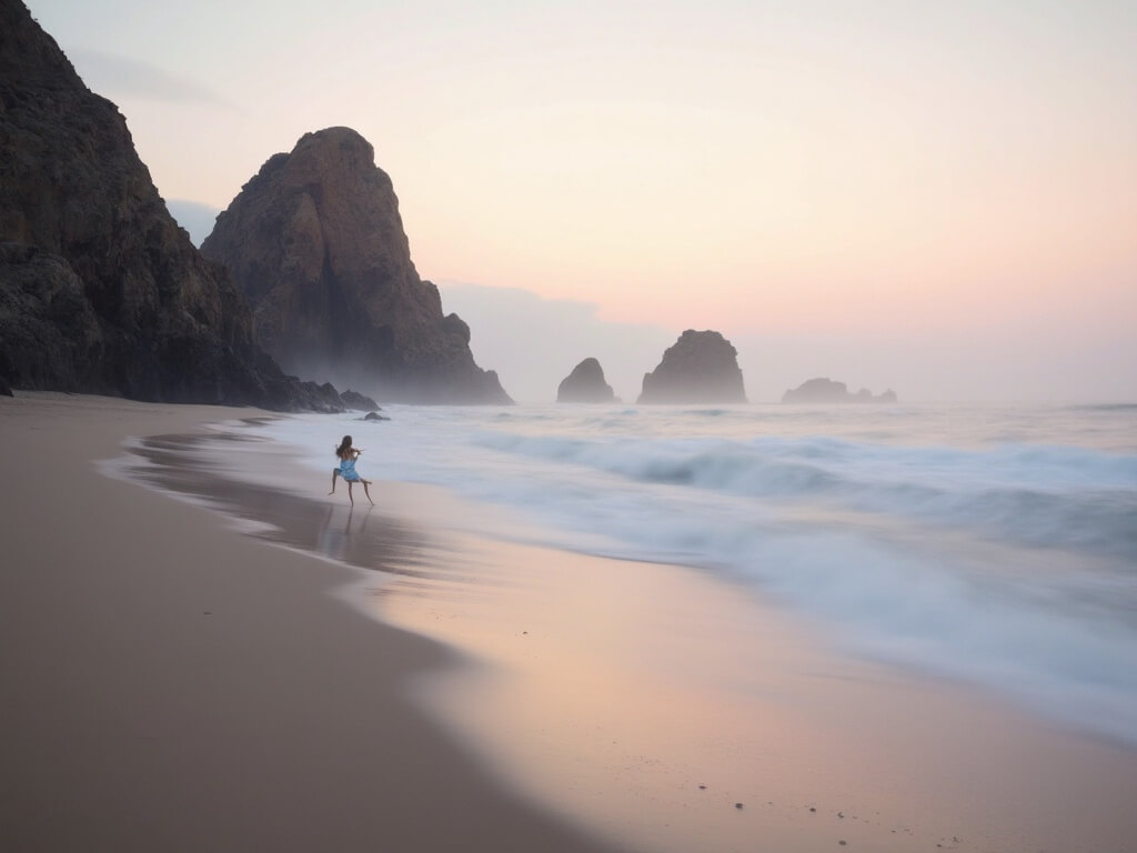 Lone individual practicing yoga on an empty Windansea Beach at sunrise, surrounded by dramatic rock formations, gentle waves, and a misty atmosphere, under a sky painted with soft pastel colors.