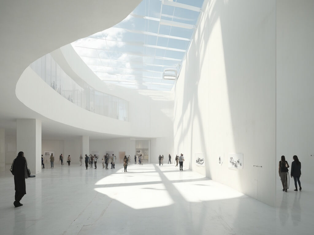 Modernist museum interior with high ceilings, skylights, white walls with contemporary art, concrete floors, geometric architecture, and glass partitions creating artistic shadows