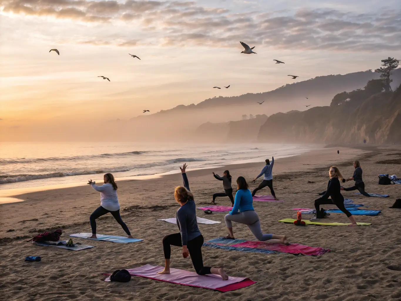 Yoga class at sunrise on Butterfly Beach in Montecito with colorful mats, Channel Islands on the horizon, misty cliffs, and seabirds overhead