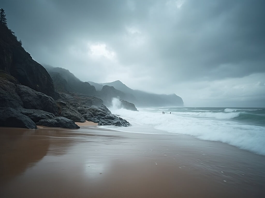 Dramatic moody beach scene under overcast sky with misty long-exposure waves washing over dark rocks, rich-colored wet sand and lone surfer silhouette in the distance