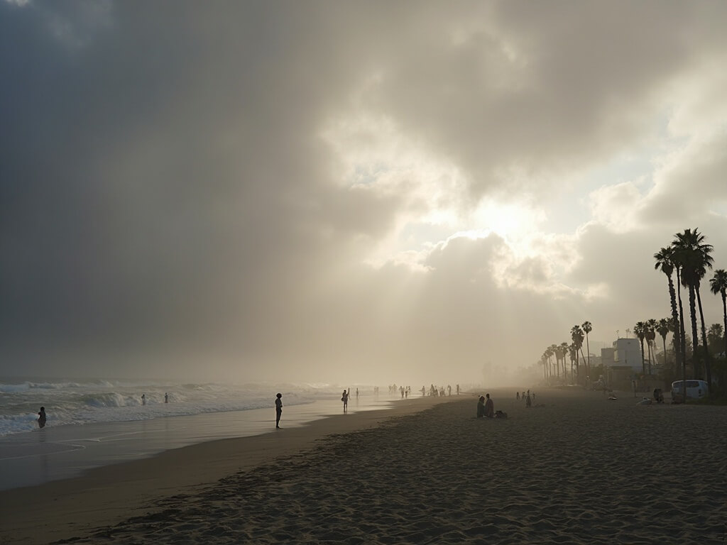 Dramatic clouds and marine layer rolling into Huntington Beach in March, creating moody lighting, with palm trees, long shadows on the sand, and beachgoers in light jackets