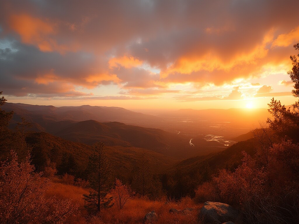 Autumn sunset view from Mount Laguna with golden light highlighting pine trees and fall foliage, desert valley in the distance, and sky with dramatic, warm-colored clouds.