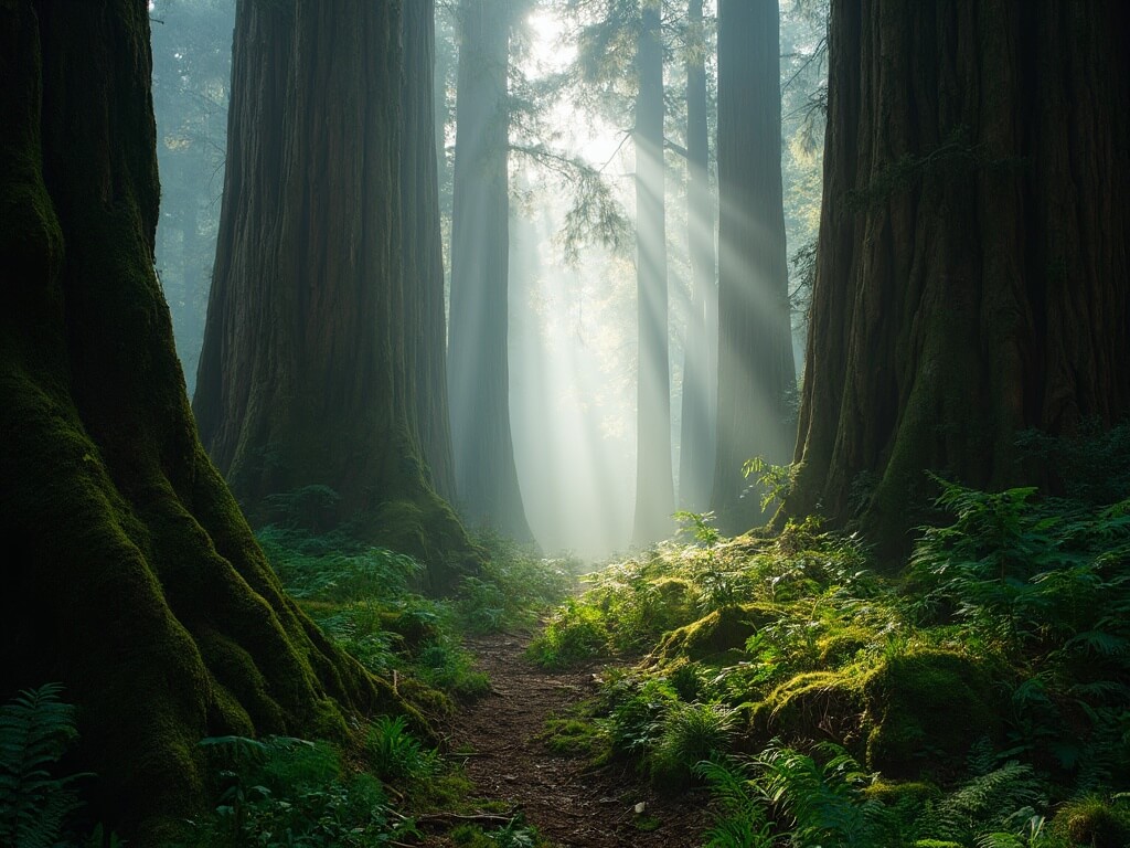 Mystical early morning view in Muir Woods with towering redwood trees forming cathedral-like arches, ethereal light beams piercing through the misty canopy and illuminating moss-covered forest floor and fern undergrowth, shot from a low angle