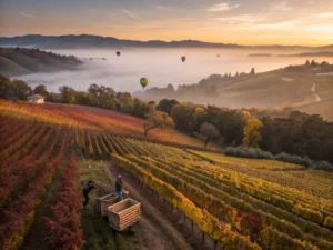 "Aerial view of Napa Valley vineyards in autumn with foggy valley, hot air balloons in sky, and workers harvesting Cabernet Sauvignon grapes during sunset"