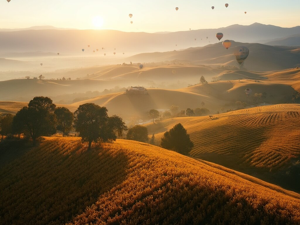 Aerial view of Napa Valley during harvest season with autumn-colored vineyards, morning mist, a boutique winery among oak trees, and hot air balloons in the distant sky