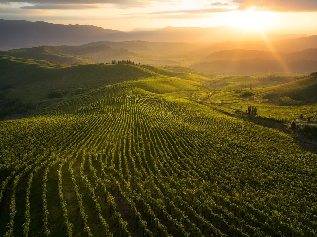 Aerial view of Napa Valley vineyards at golden hour with sunlight illuminating mustard flowers and distant mountains in the backdrop