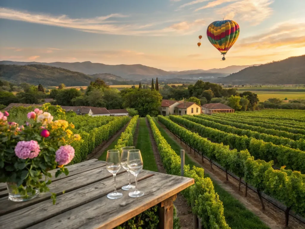"Golden-hour panoramic view of Napa Valley vineyards with a wine tasting table set in the foreground, a floating hot air balloon, blooming wildflowers, and a boutique winery amidst sunset-lit hills."