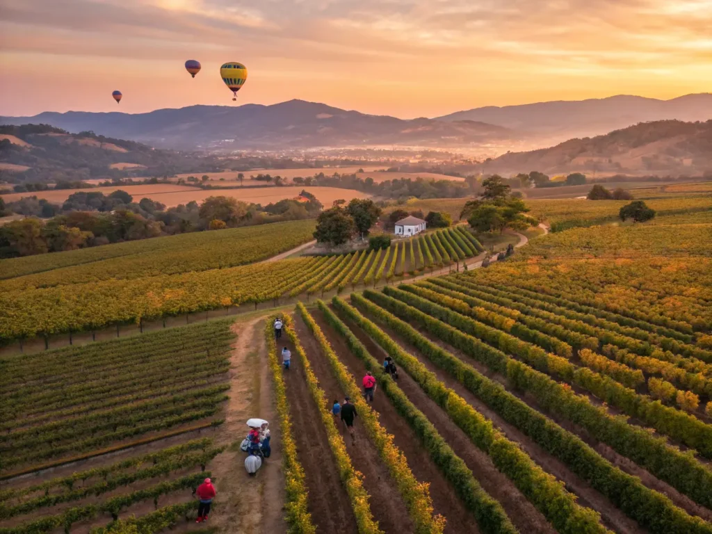 "Aerial shot of Napa Valley during harvest season at sunset with workers picking grapes, hot air balloons in the distance, and a winery nestled among vivid green and gold vineyards under a pink and orange sky."