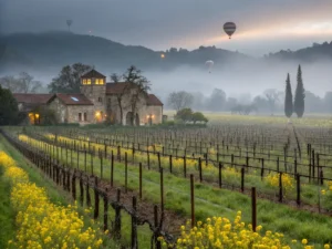 "Misty morning view of Napa Valley vineyard in January, with yellow mustard flowers, bare grapevines, historic winery, and hot air balloons in the background."