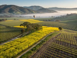 "Aerial view of Napa Valley in spring, featuring hills full of yellow mustard flowers, dormant grapevines, and a hot air balloon over patchwork fields against the backdrop of the Mayacamas Mountains at dawn"