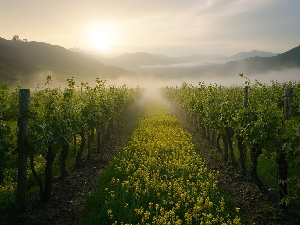 Moody dawn at Napa Valley vineyards with yellow mustard flowers in grapevine rows under morning mist and rolling hills backdrop