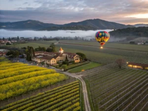 "Misty sunrise over Napa Valley with dormant grapevines, mustard flowers, hot air balloon, Robert Mondavi Winery, and mountain backdrop"