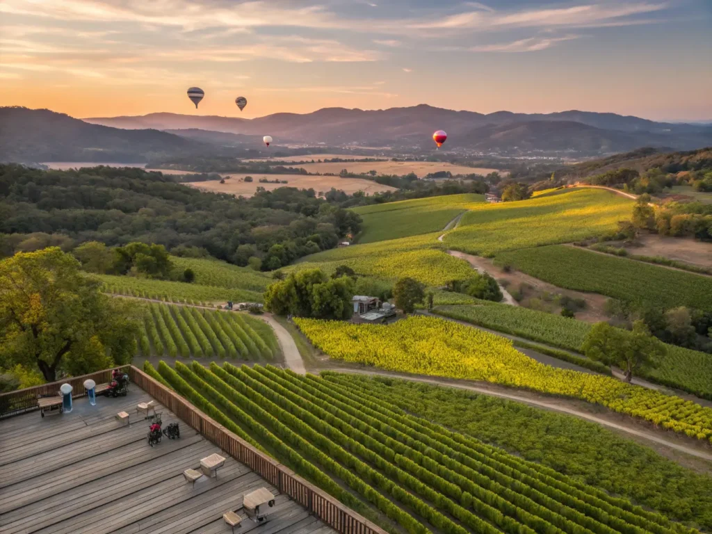 "Aerial view of Napa Valley vineyards at sunset in May, featuring grape flowers, rolling hills, hot air balloons in the distance, and wine glasses on a rustic tasting deck."