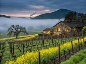 "Misty sunrise over Napa Valley vineyards in February, with green hills, dormant grapevines, blooming mustard flowers, stone winery, and fog-covered Mount St. Helena in the background"